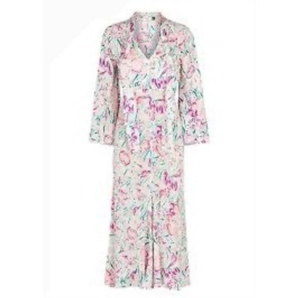 RIXO Amel Pink Teal Floral Silk Blend Kitten Bow Midi Dress Long Bell Sleeve XS - Picture 4 of 9